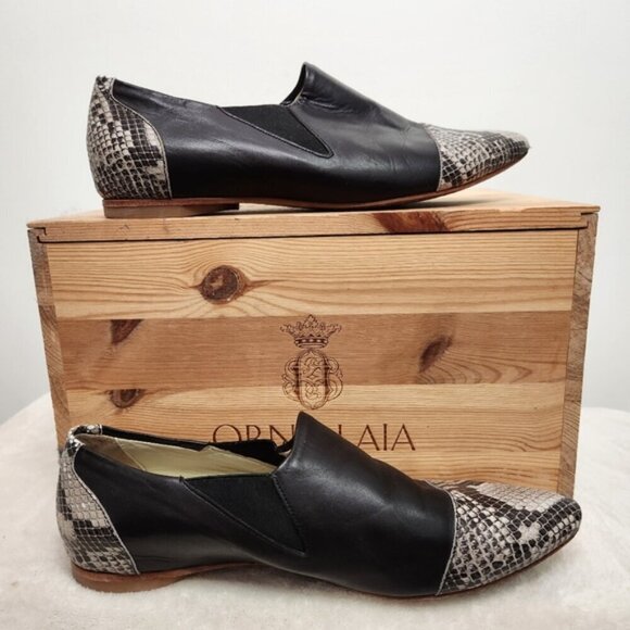 Poppy Barley The Oxford Slip-On Snakeskin Black Leather Pointed Flats Size 10.5 - Picture 2 of 12